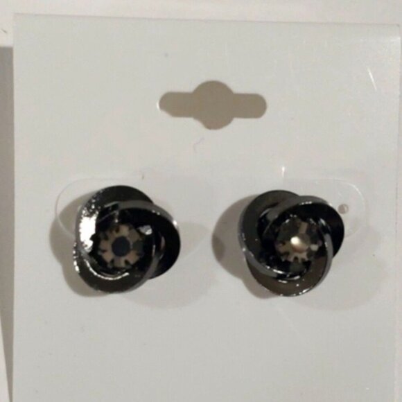 Black Gloss Knot Stud Earrings – Smoky Gem Center - Women's Fashion Jewelry - Picture 3 of 8